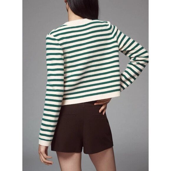 ANTHROPOLOGIE NVLT Size Medium Striped Sweater Lady Jacket Cardigan Green Ivory - Picture 4 of 12